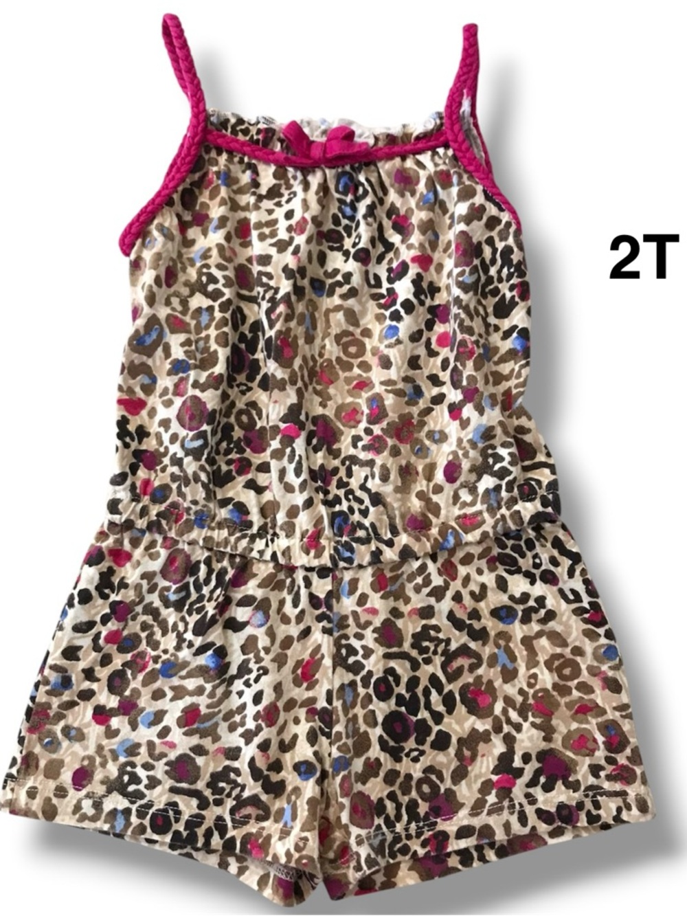Girls Leopard Print Romper with Fuchsia Braid Trim size 2T